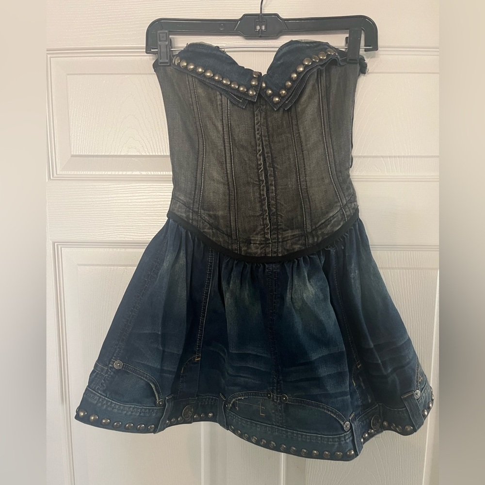 GUESS JEANS NATAZHA DENIM DRESS 1 XS 0 limited edition corset formal distressed - Picture 2 of 3